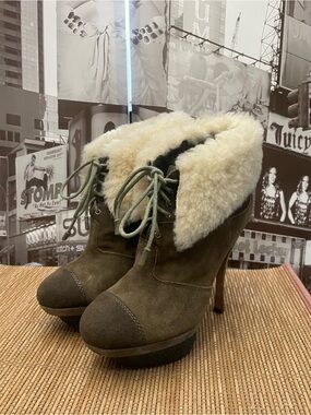 L.A.M.B Pier Booties Suede Shearling Platform GWEN STEFANI Heels Olive Brown 7